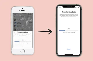 Ecran de transfert de donnees Signal entre un ancien iPhone a l'ecran fissure et un nouvel iPhone, avec barre de progression a 30%