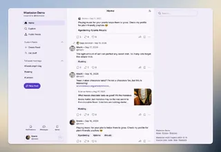 Capture d'écran de la nouvelle interface Mastodon 5.0 avec son fil d'accueil aux coins arrondis et le bouton Nouveau message