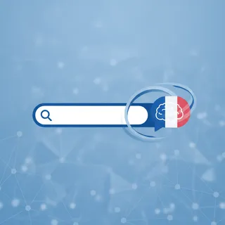 Un champ de recherche se transformant en réponse conversationnelle par IA, avec un drapeau français, illustrant l'arrivée de la recherche Google dopée à l'IA en France