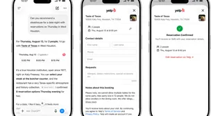 Captures d'écran de ChatGPT réservant une table de restaurant via Yelp, jusqu'à l'écran Réservation confirmée