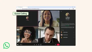 Interface WhatsApp Guest Calling dans un navigateur avec quatre participants en appel vidéo