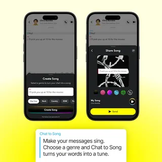 Capture officielle de la fonction Chat to Song de Snapchat : choix du genre musical et partage de la chanson générée par IA