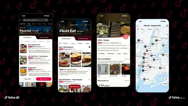 Captures d'écran de la fonctionnalite Must Eat de TikTok : listes de restaurants et carte