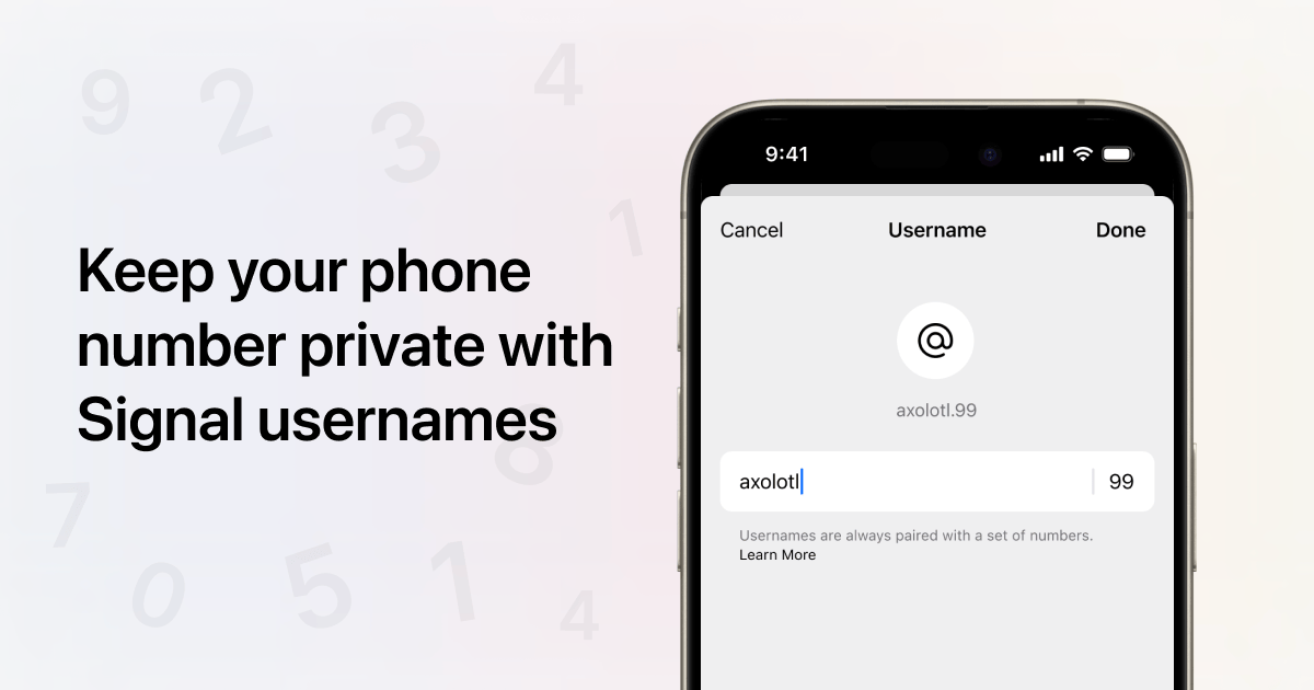 Illustration officielle Signal : garder son numéro de téléphone privé grâce aux noms d'utilisateur